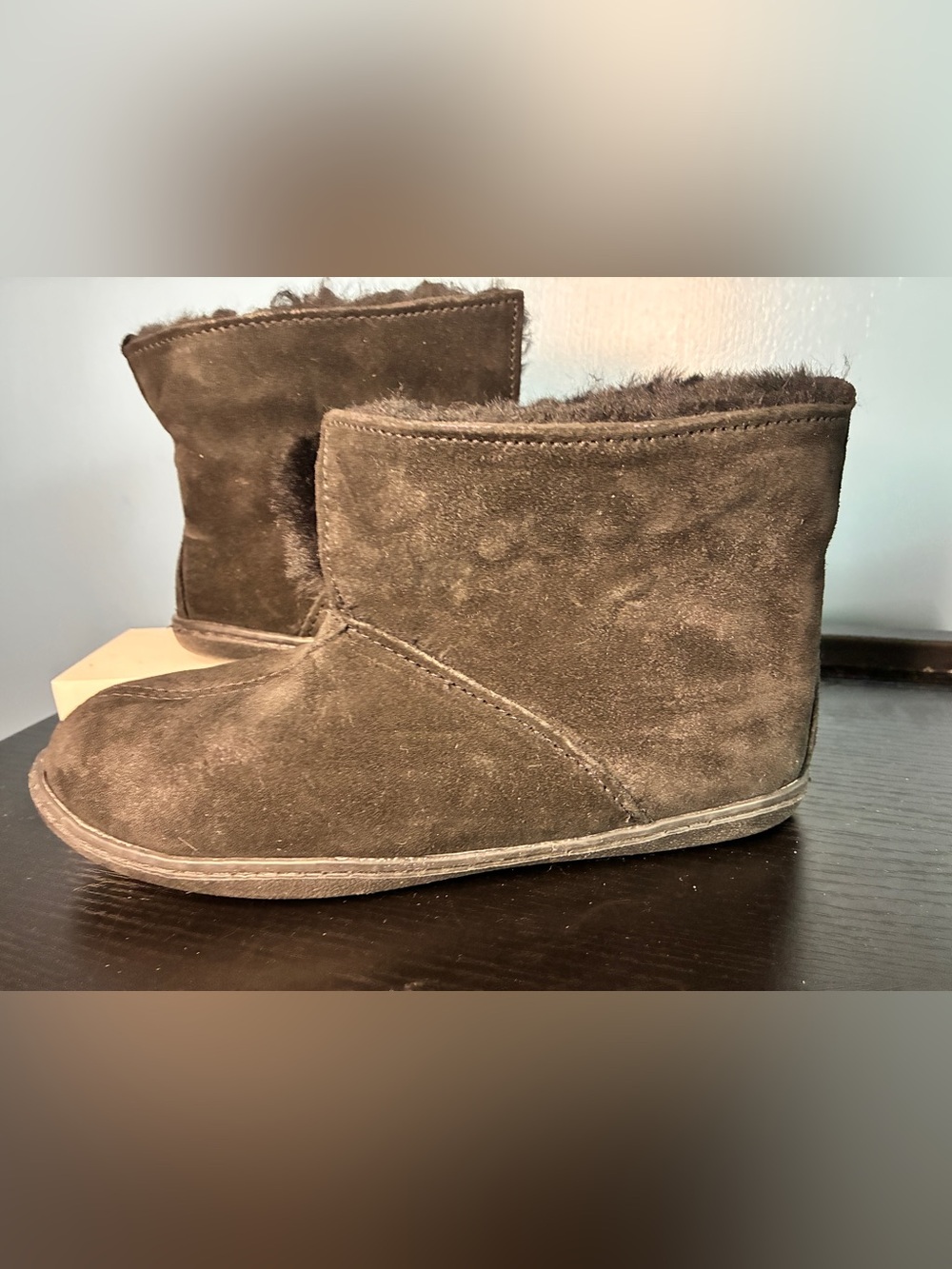 Minnetonka Black Suede Fur Clog Slippers